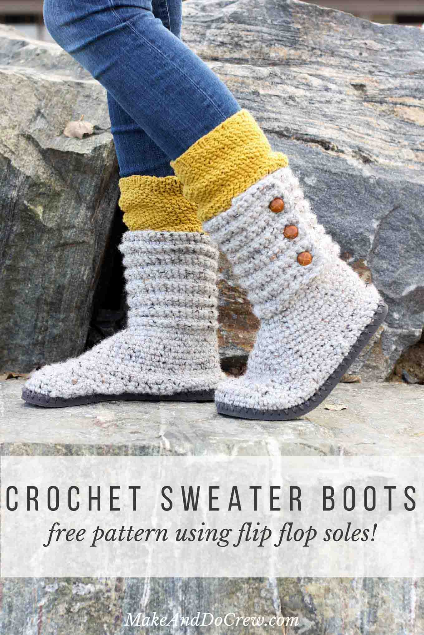 With this free pattern and crochet video tutorial you can make your own look-a-like crochet Uggs! These crochet boots with flip flops for soles make great outdoor shoes or house slippers. Made with Lion Brand Wool Ease Thick and Quick in Grey Marble.