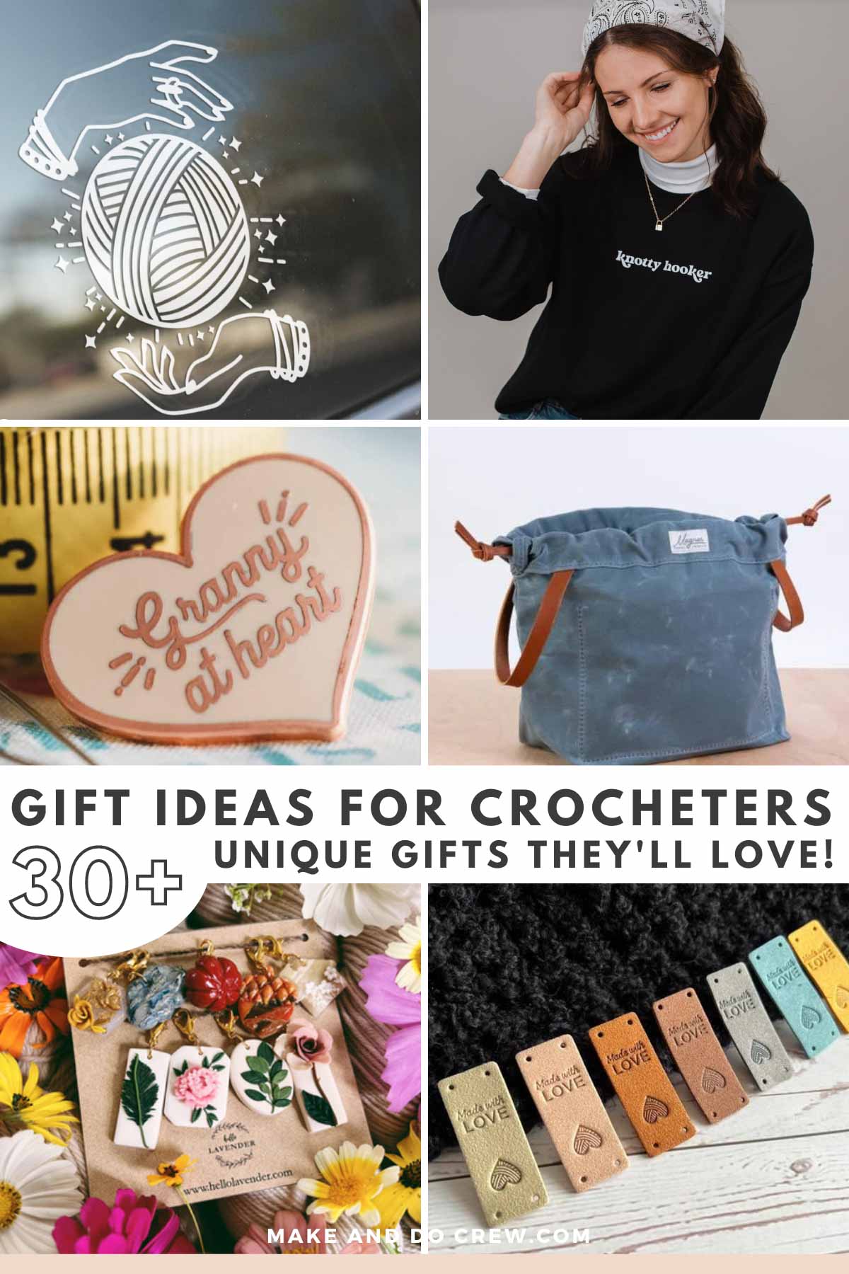 Grid of gift ideas for crocheters including an enamel pin, sweatshirt, car decal, project tags and stitch markers.