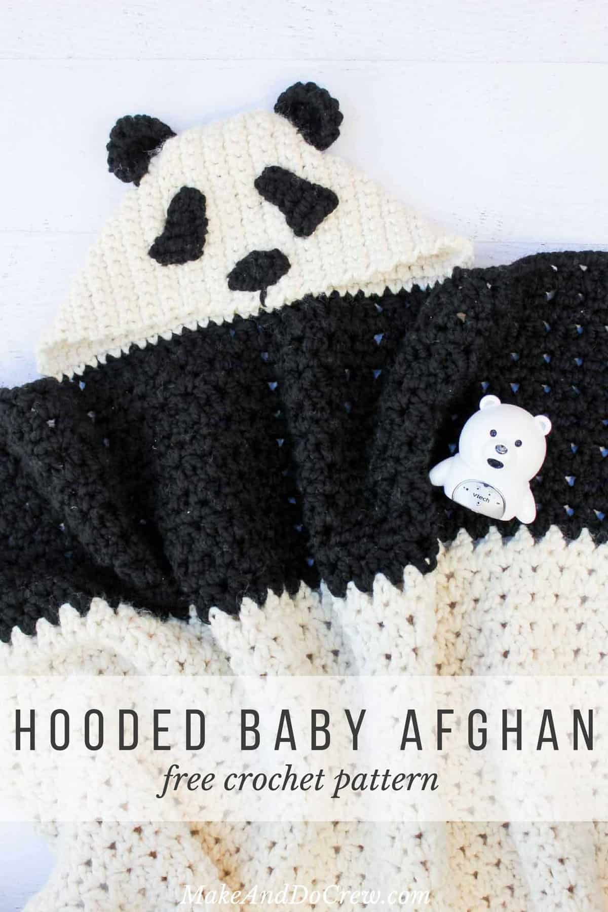 This free crochet hooded baby afghan pattern will give your favorite child the chance to feel like a cozy little panda. Make one for the new baby to grow into and another for an older sibling to enjoy right away! Customize the pattern to make a crochet koala or polar bear too! Made with Lion Brand Wool Ease Thick & Quick in "Fisherman" and "Black." Click for the free crochet pattern!