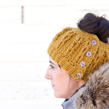 Free crochet hat pattern with a hole in the top for your bun or ponytail to poke through. (AKA a "bun beanie" or "ponytail hat")