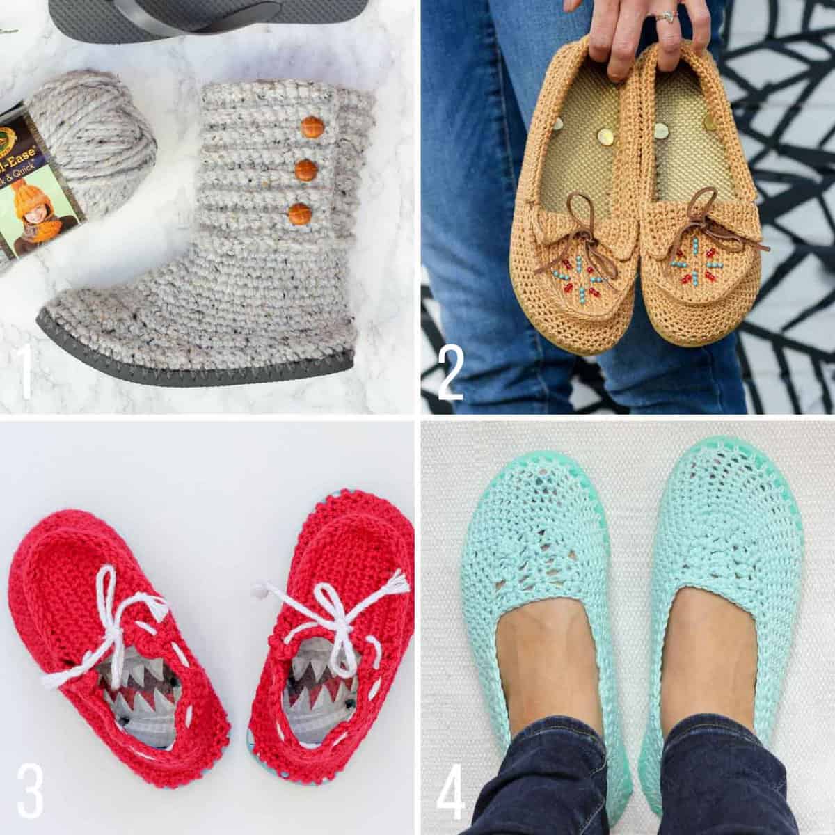 Free crochet patterns using flip flops to make slippers, boots, moccasins and kids boat shoes. | Make And Do Crew
