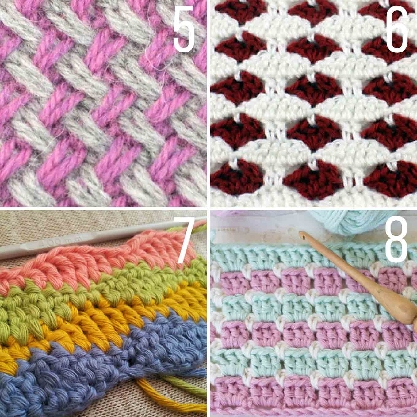 Each of these stitch tutorials is made using multiple colors of yarn to create stunning effects! This crochet stitches list has something for everyone--beginner to advanced.