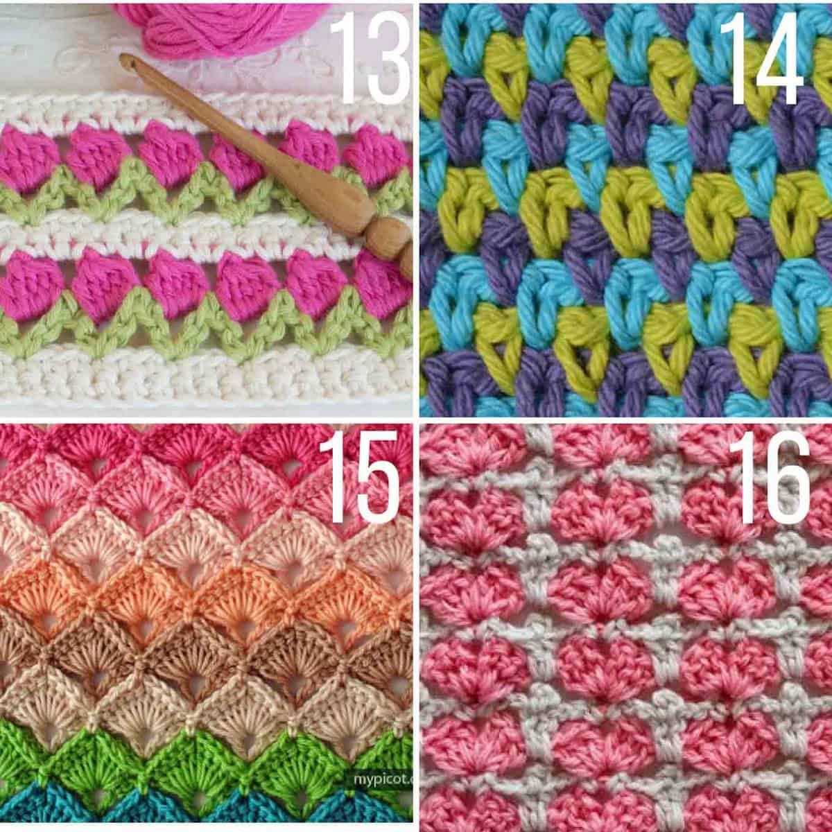 Gorgeous crochet stitch tutorials using many colors of yarn in one pattern.