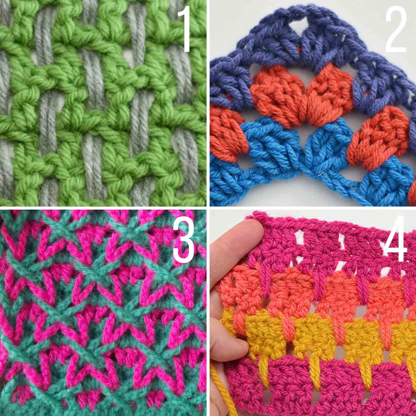 Each of these stitch tutorials is made using multiple colors of yarn to create stunning effects! This crochet stitches list has something for everyone--beginner to advanced. 