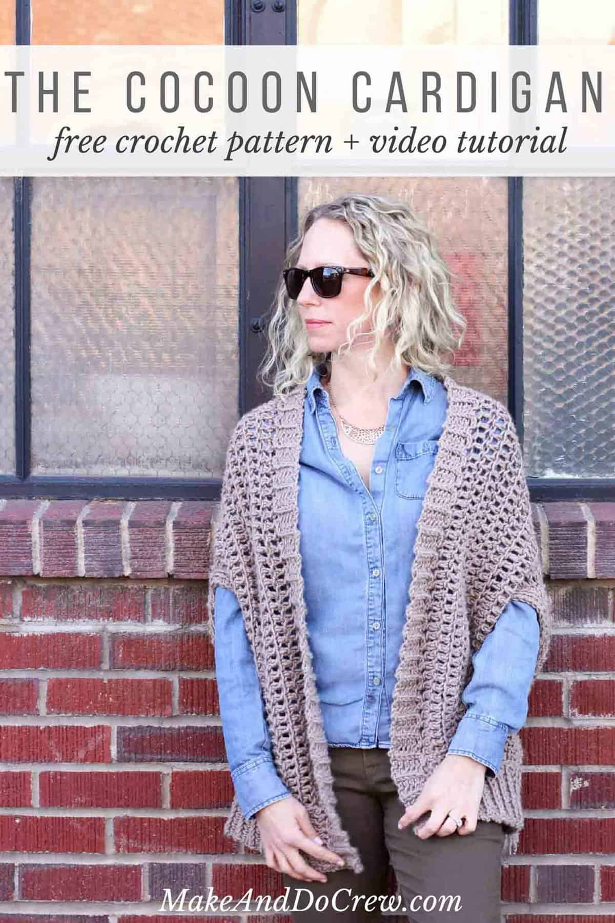 You'd never guess by looking at this free crochet sweater pattern that it's made from two simple rectangles! The "Cocoon Cardigan" free crochet pattern is great for beginners who are looking to expand their skills or advanced crocheters who want a quick, stylish project. Made with Lion Brand Lion's Pride Woolspun yarn in "Taupe." 