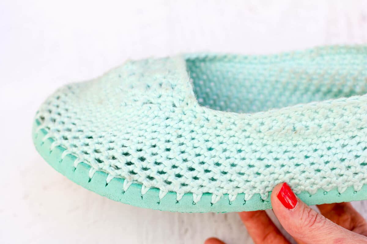 Crochet flip flop slipper after six months of wear. Still in pretty good shape!