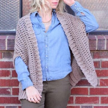 You'd never guess by looking at this sweater that it's made from two simple rectangles! The "Cocoon Cardigan" free crochet pattern is great for beginners who are looking to expand their skills or advanced crocheters who want a quick, stylish project. Made with Lion Brand Lion's Pride Woolspun yarn in "Taupe."