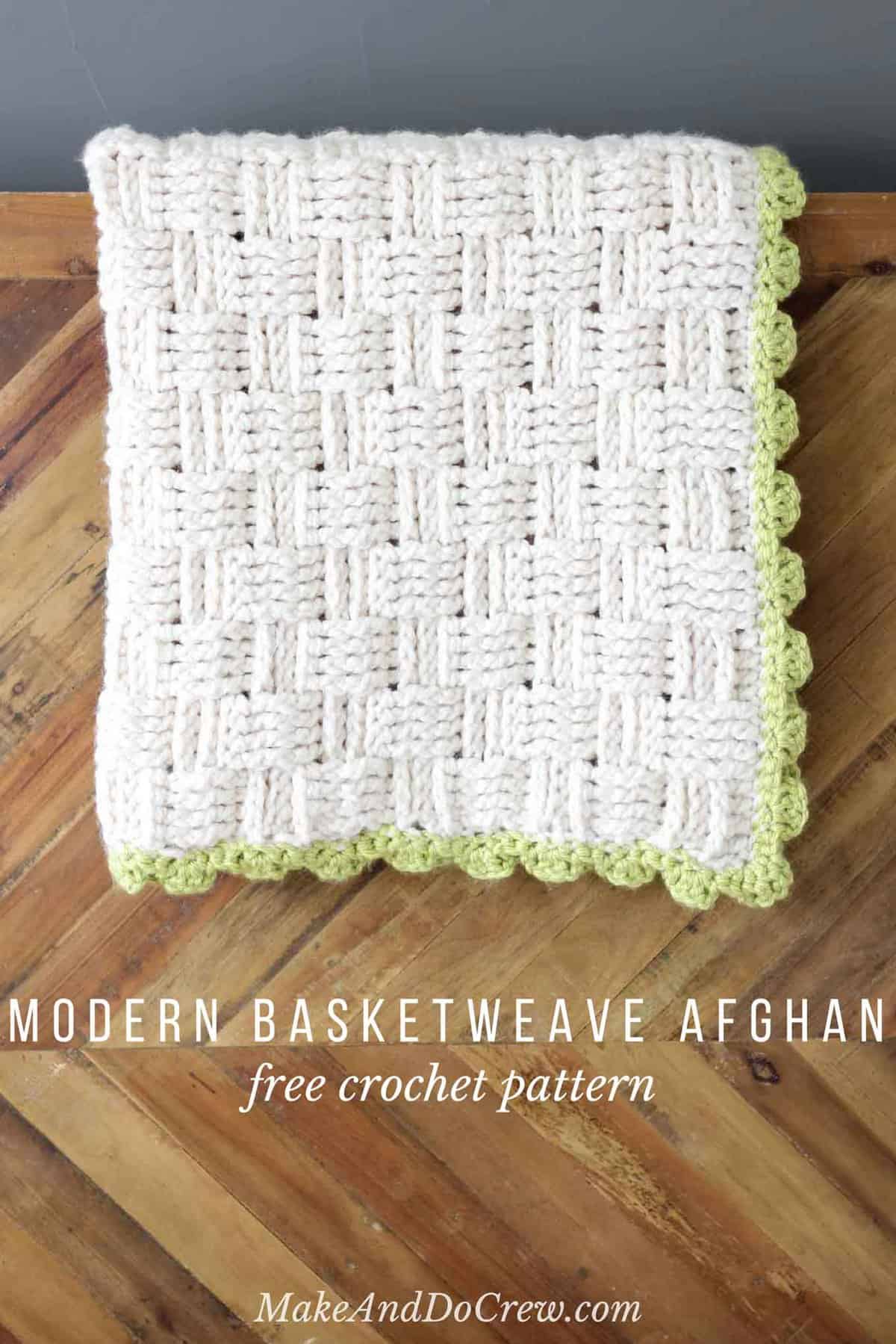 Squishy yarn heaven! This free crochet basket weave blanket pattern is blooming with texture and makes a perfect lapghan-sized afghan. Made with Lion Brand Wool-Ease Thick & Quick in "Fisherman" and Hometown USA in "Monteray Bay." | MakeAndDoCrew.com
