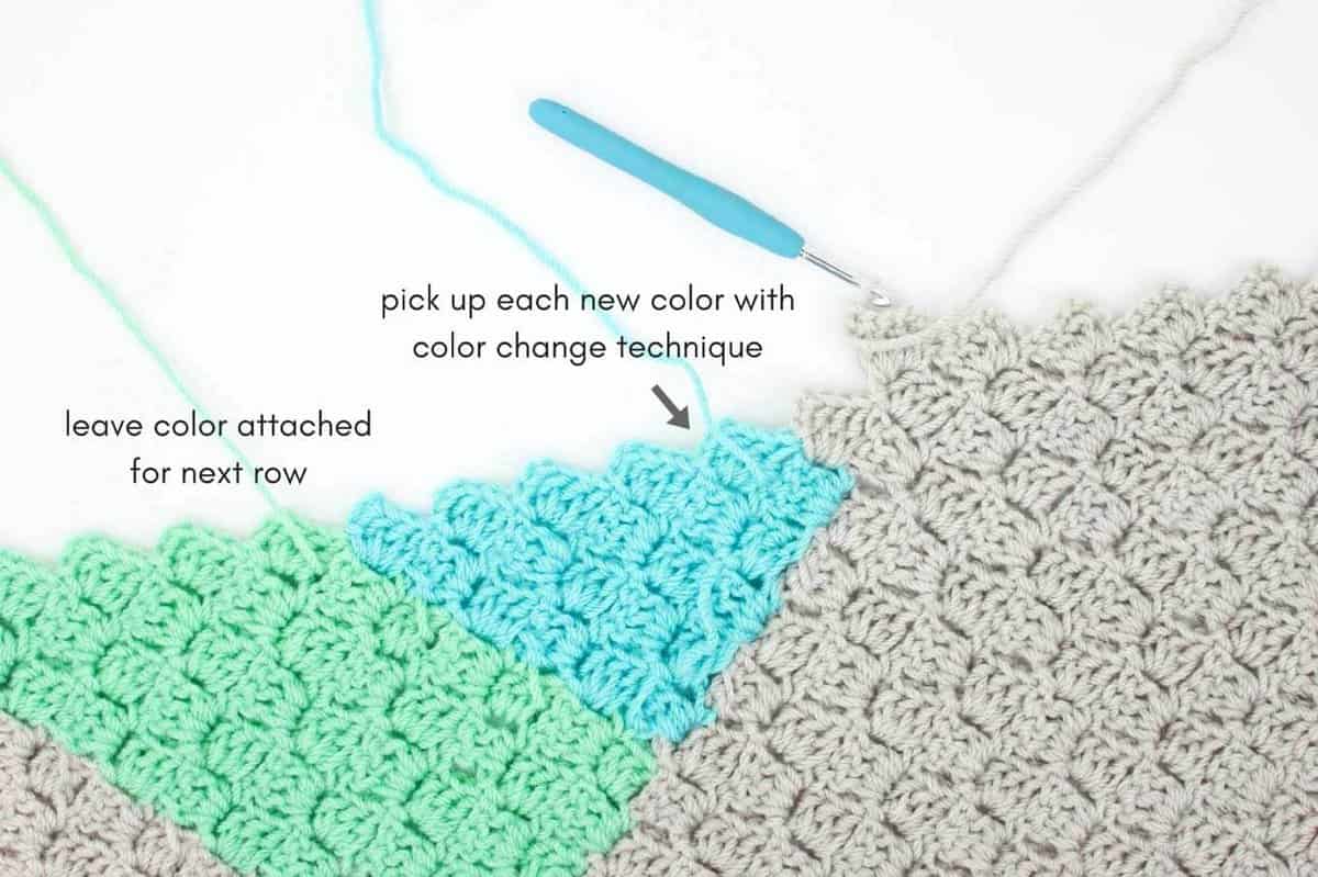 How to change colors in c2c crochet to make graphgans from charts. Beginner step by step corner to corner crochet tutorial from Make & Do Crew.