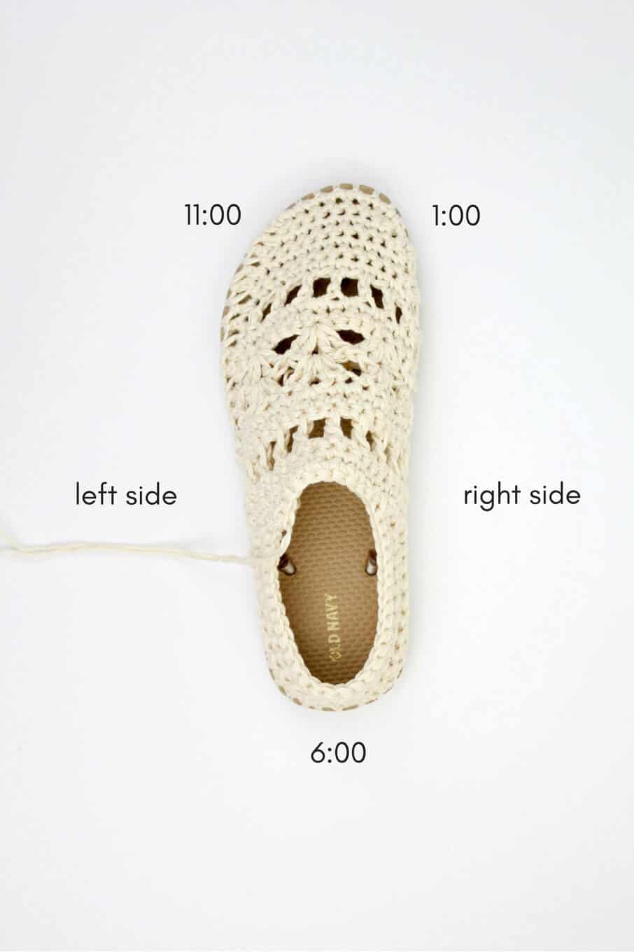 How to crochet on flip flop soles. Free crochet boot pattern for adults using Lion Brand 24/7 Cotton in "Ecru." 