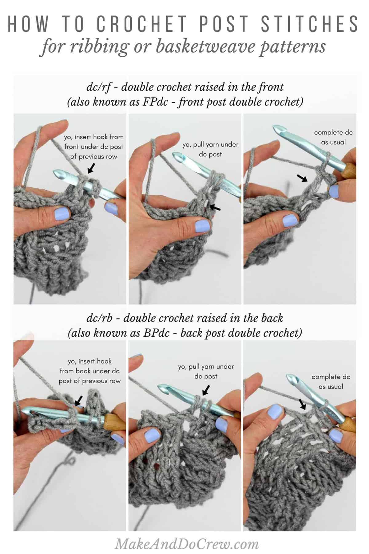 Learn how to crochet post stitches (FPdc and BPdc) in the easy video tutorial. These post stitches are the foundation skills for the crochet basket weave stitch.