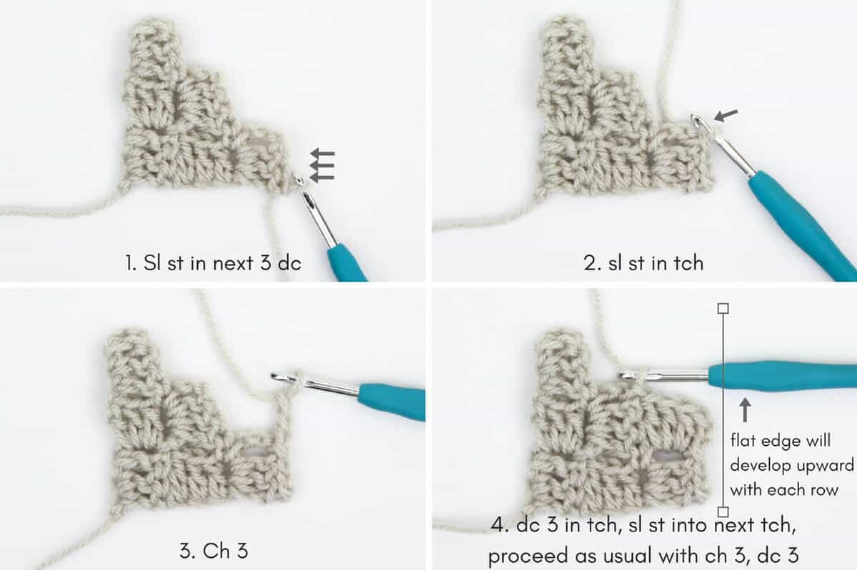 How to corner to corner crochet decrease stitches to make graphgans from charts. Beginner step by step c2c tutorial from Make & Do Crew.