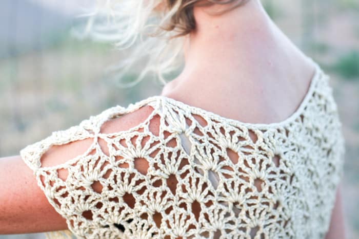 Boho crochet top with open shoulder keyholes made from cotton and bamboo yarn.