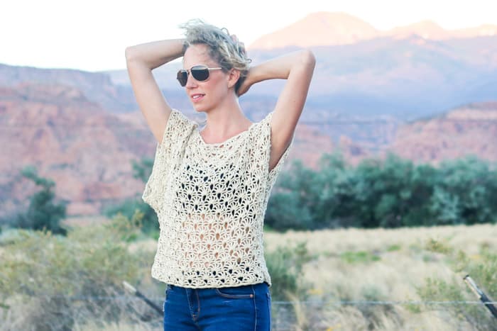 Pair the breezy Canyonlands boho crochet top with a bandeau or cami, a pair of well-worn jeans and a free spirit and you'll have yourself the perfect bohemian summer look! Free crochet pattern using the Open Fan crochet stitch made with LB Collection Cotton Bamboo yarn!