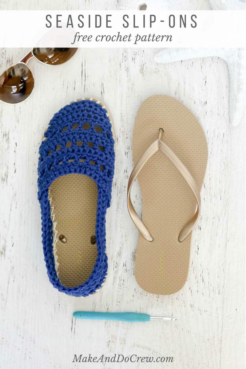 These Seaside crochet shoes with rubber bottoms come together easily with Lion Brand 24/7 Cotton yarn and a pair of flip flops. Wear them as street shoes or slippers--either way, they're super comfy!