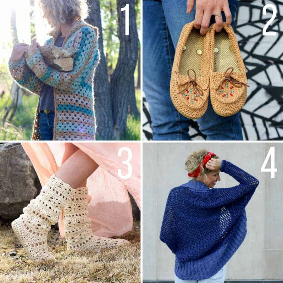 Free boho crochet patterns from Make & Do Crew including a crochet hexagon jacket, moccasins with flip flop soles, festival boots with flip flop soles and a beginner shrug.