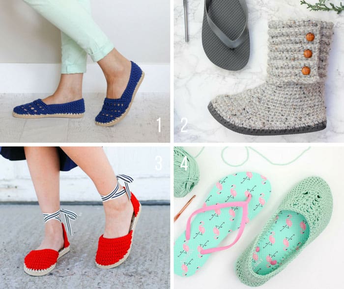 So many free crochet patterns using flip flops and Lion Brand Yarn. Crochet your own boots, sandals, moccasins, espadrilles and slippers! Patterns from MakeAndDoCrew.com.