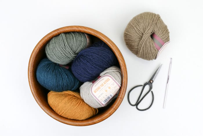 Lion Brand L.B. Collection Merino Yak Alpaca in the colors Oatmeal, Navy, Teal, Mustard, Sage and Taupe. Great fall color palette!