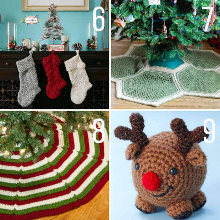 Free Christmas crochet patterns including a modern crochet stocking, Christmas tree skirts and a reindeer. 