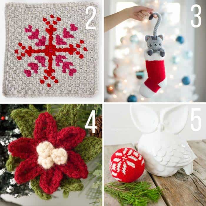 Free Christmas crochet patterns including a crochet poinsettia, crochet ornament, crochet c2c snowflake and a cat in a stocking. 