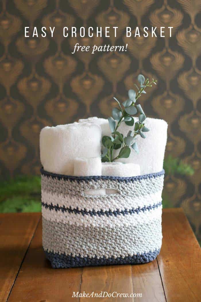 This easy crochet basket pattern is quick to work up and perfect for holding toys, towels, toilet paper, or best of all, yarn! Free crochet pattern using Lion Brand Fast-Track yarn.