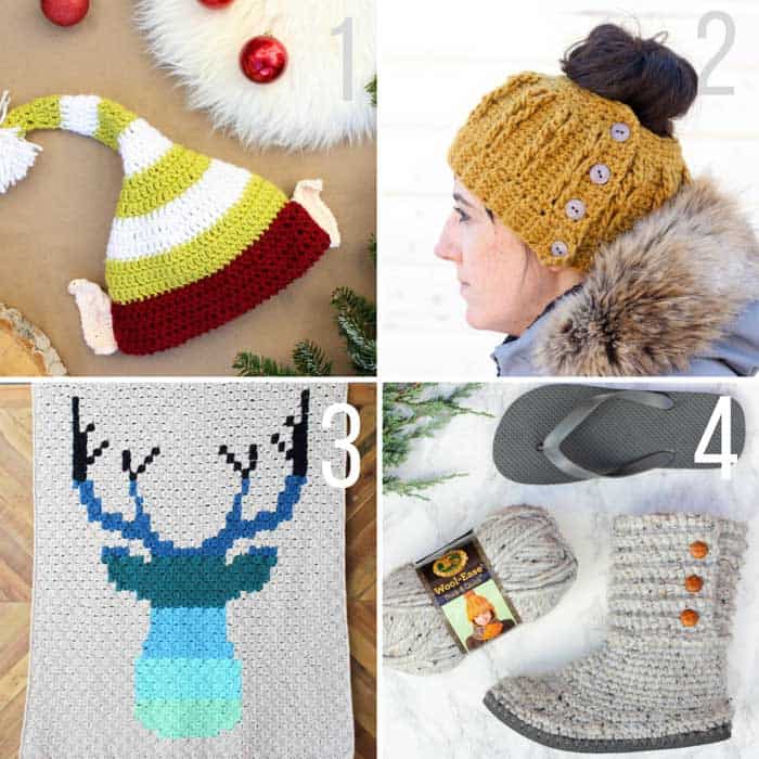 Free crochet patterns including a bun beanie hat, crochet Santa hat with ears, crochet boots with flip flop soles and a c2c deer afghan.