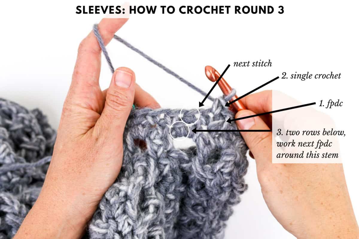 Crochet photo tutorial showing how to crochet sleeves for a chunky crochet cardigan.
