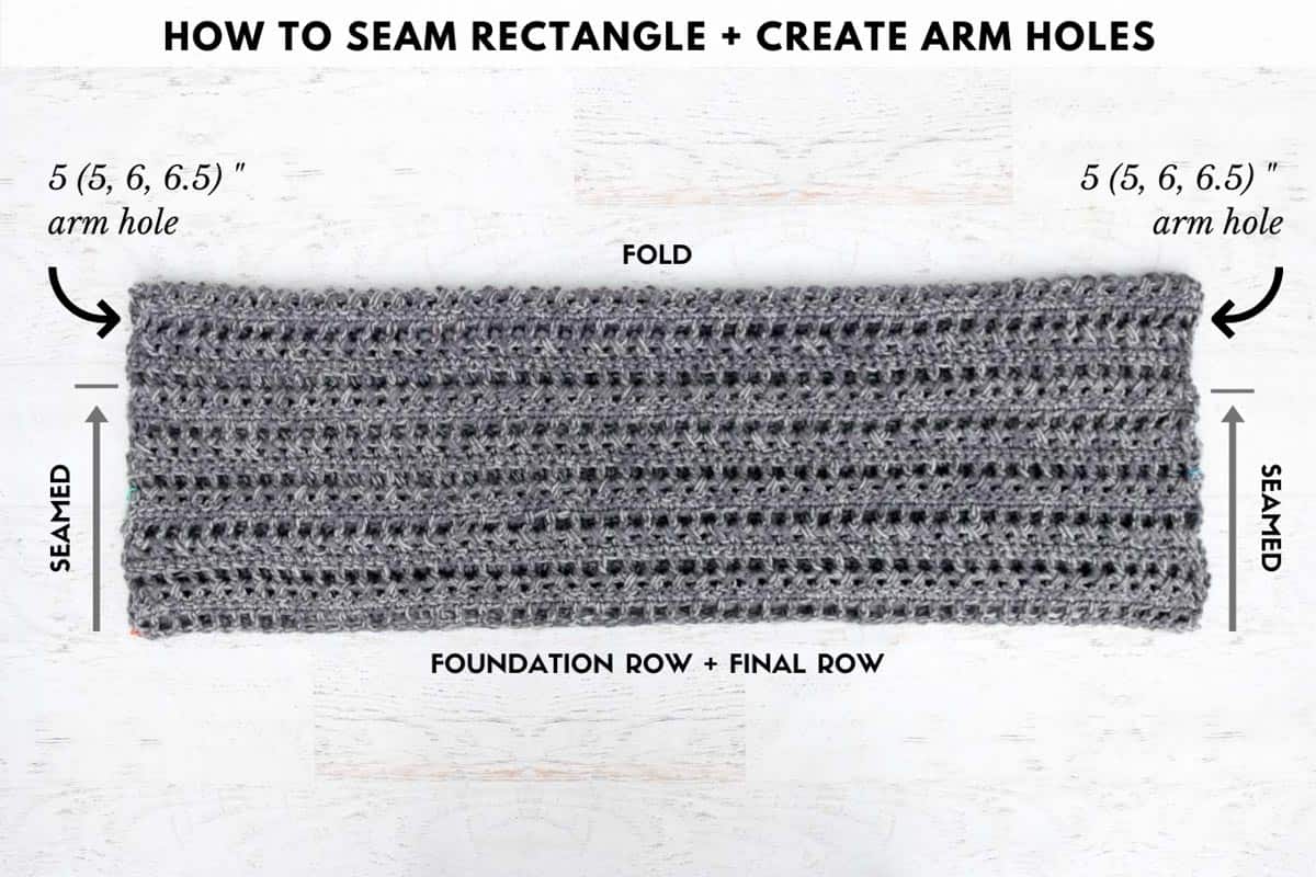 Crochet photo tutorial showing how to seam a rectangle crochet cardigan and how to create arm holes for the sweater sleeves.
