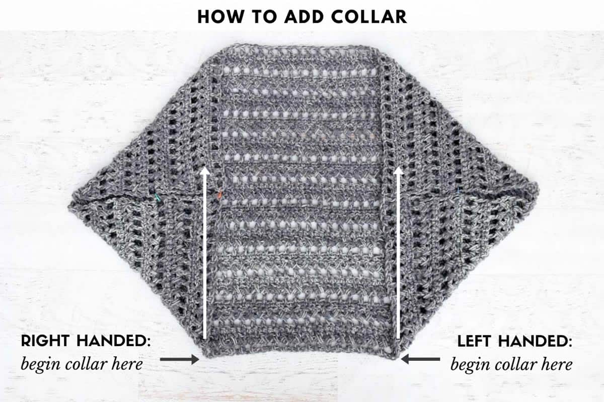 Crochet photo tutorial on how to add a collar to a rectangle crochet cardigan.
