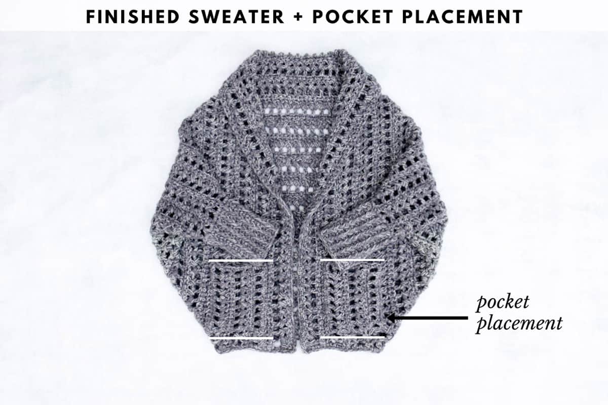 Crochet photo tutorial on how to add pockets to a chunky crochet cardigan made from a basic rectangle.