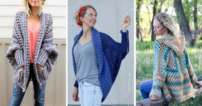 Easy crochet sweaters including the Campfire Cardigan, Stonewash Shrug and Dwell Sweater from Make and Do Crew.