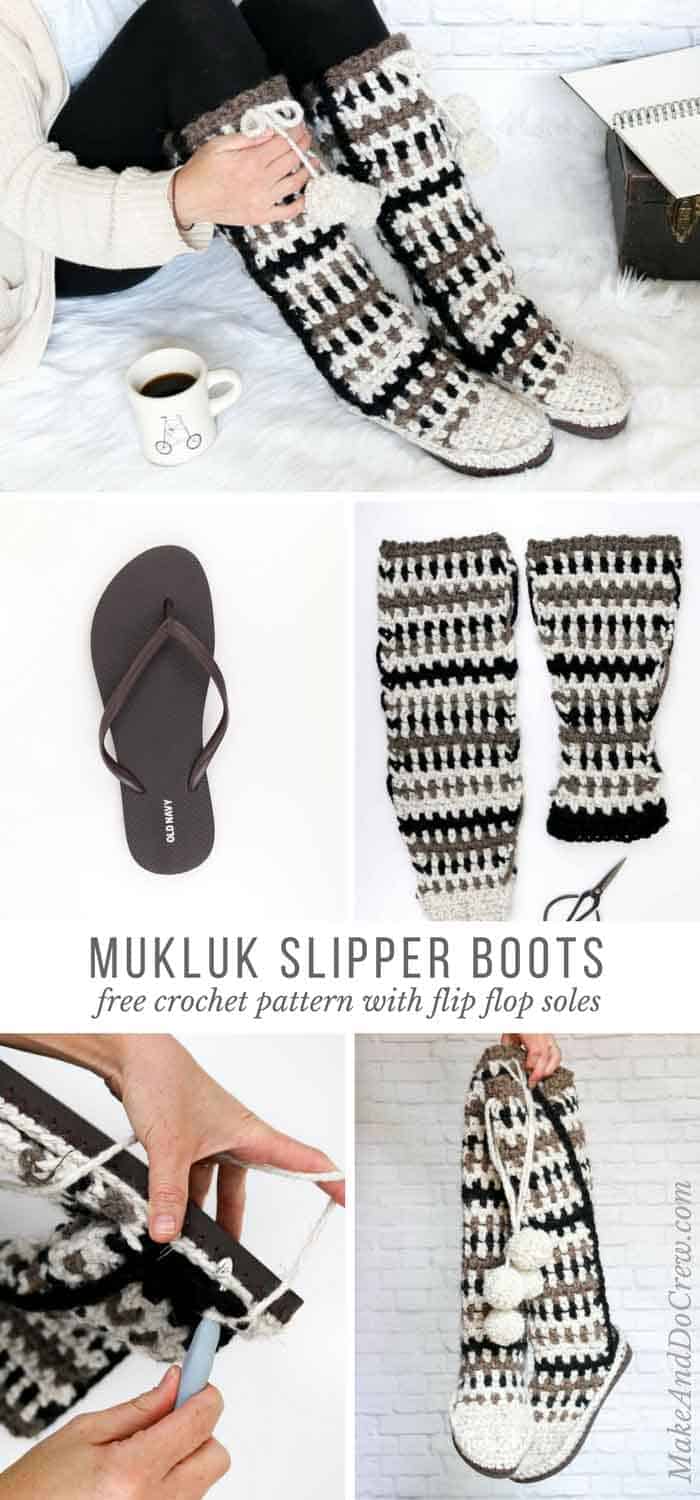 Keep your toes epically toasty in these mukluk style crochet slipper boots with flip flop soles. The mukluks are crocheted separately and then added to the flip flops, making this a perfect first crochet flip flop project. Made using Lion Brand Wool-Ease Thick and Quick.