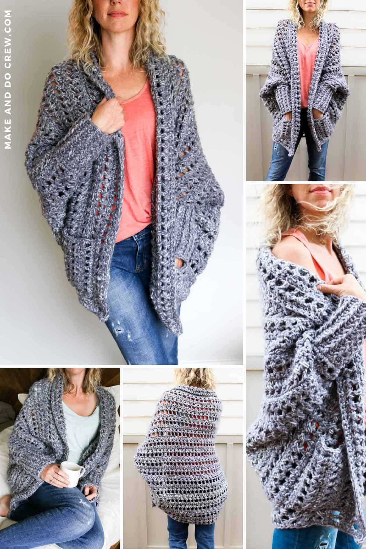 This image shows a free crochet cardigan pattern. There are several photos in this grid, showing different angles of the crochet sweater (being worn by a blonde woman).