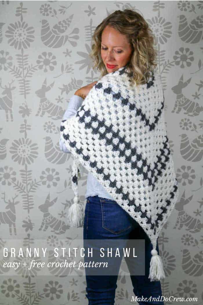 Put a modern spin on a crochet classic with this simple crochet granny stitch wrap! This free crochet pattern uses Lion Brand New Basic 175 in "Cream" and "Charcoal." Wears great as a crochet triangle scarf as well!