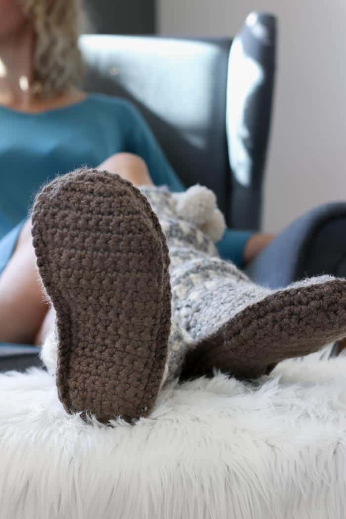 How to crochet slipper soles. Free pattern using Lion Brand Wool Ease Thick and Quick in Taupe, Grey Marble and Fisherman.