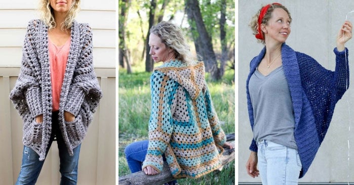 Free crochet sweater patterns that are perfect for layering in the fall, winter and spring. The Dwell Sweater, The Campfire Cardigan and The Stonewash Shrug - free patterns from Make & Do Crew!