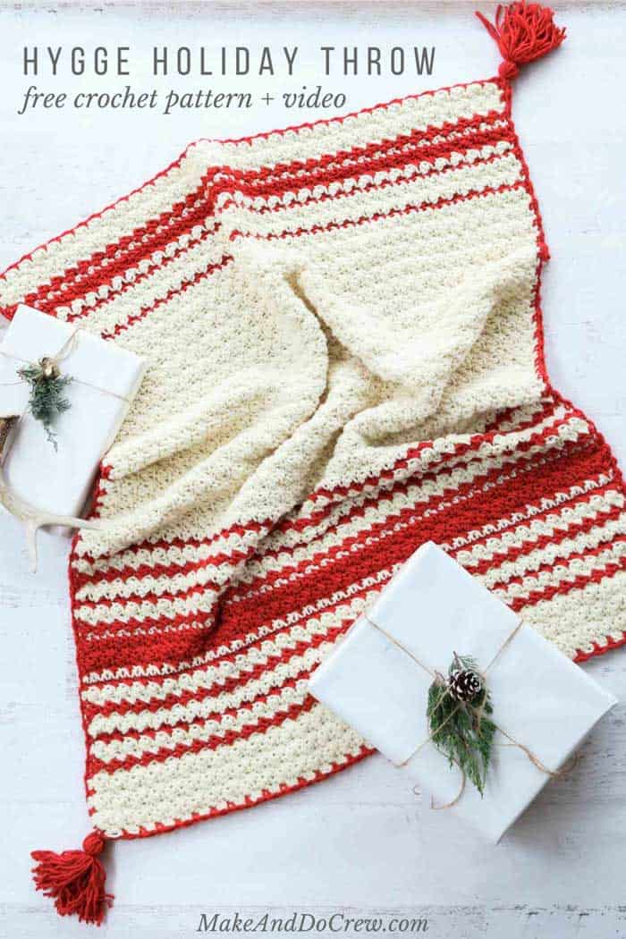 Inspired by classic woven blankets, the Hygge Holiday Throw turns any chair or couch into an inviting spot to curl up. Despite being full texture, this beginner crochet blanket pattern uses very simple crochet stitches (and there's a video tutorial!)