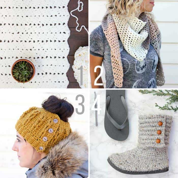 Free modern crochet patterns from Make and Do Crew including the Desert Winds Triangle Scarf, Cabin Boots with flip flop soles and a bun beanie pattern.