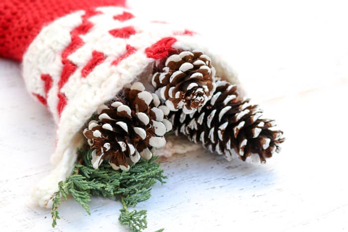 Free Christmas crochet patterns. Painted pinecones in crochet Christmas stocking.