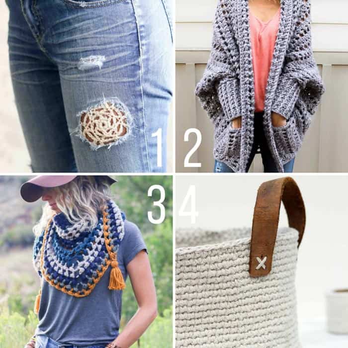 Free crochet patterns from Make & Do Crew featuring a chunky sweater, triangle scarf, a basket crocheted with dollar store twine and a how to patch jeans with crochet tutorial.