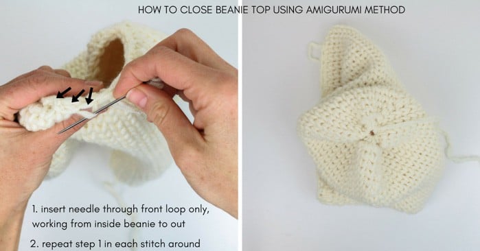 How to close the top of a crochet beanie using an amigurumi technique.