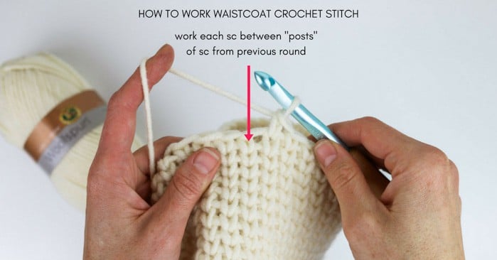 How to crochet the waistcoat crochet stitch photo and video tutorial. This center single crochet works into the middle of the single crochet stitch to make crochet look like knitting!