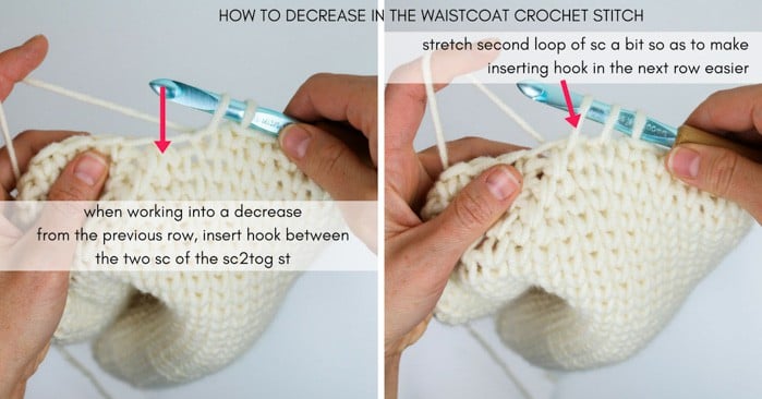 How to decrease using the waistcoat crochet stitch (single crochet worked into the middle of the stitch.)