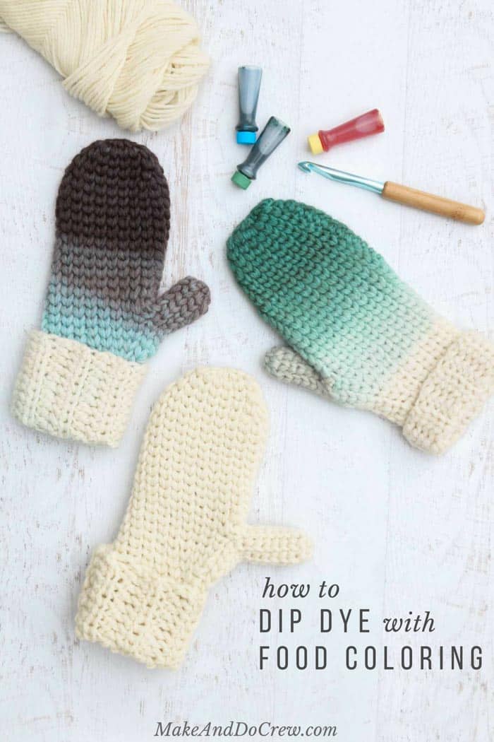 This would be so fun with kids! Creating an ombre effect on any knit or crocheted wool item is easy using just some basic supplies. Learn how to dip dye yarn with food coloring in this fun video tutorial featuring Lion Brand Fishermen's Wool! Such a fun, cheap crochet gift idea!