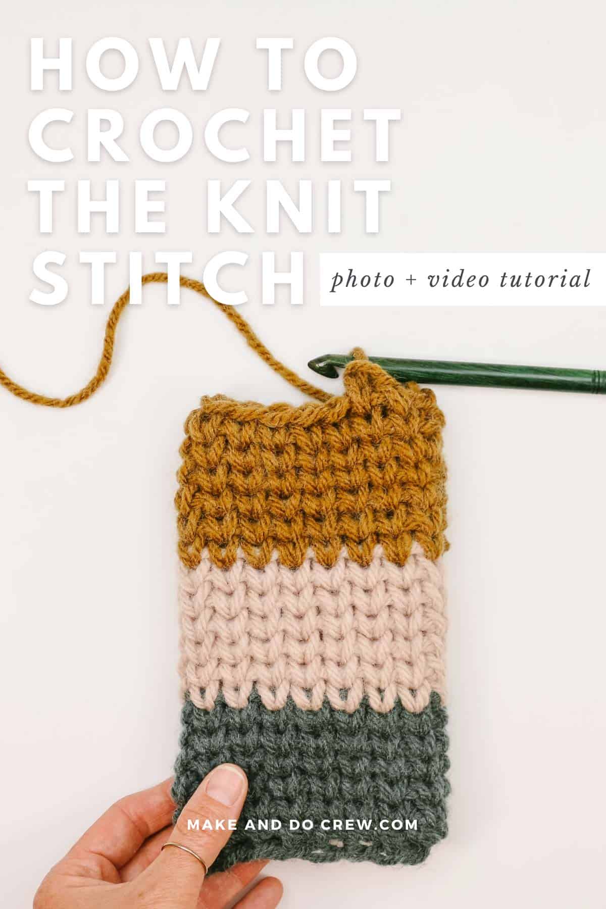 An overhead view of a fabric tube made with the crochet knit stitch (waistcoat stitch).