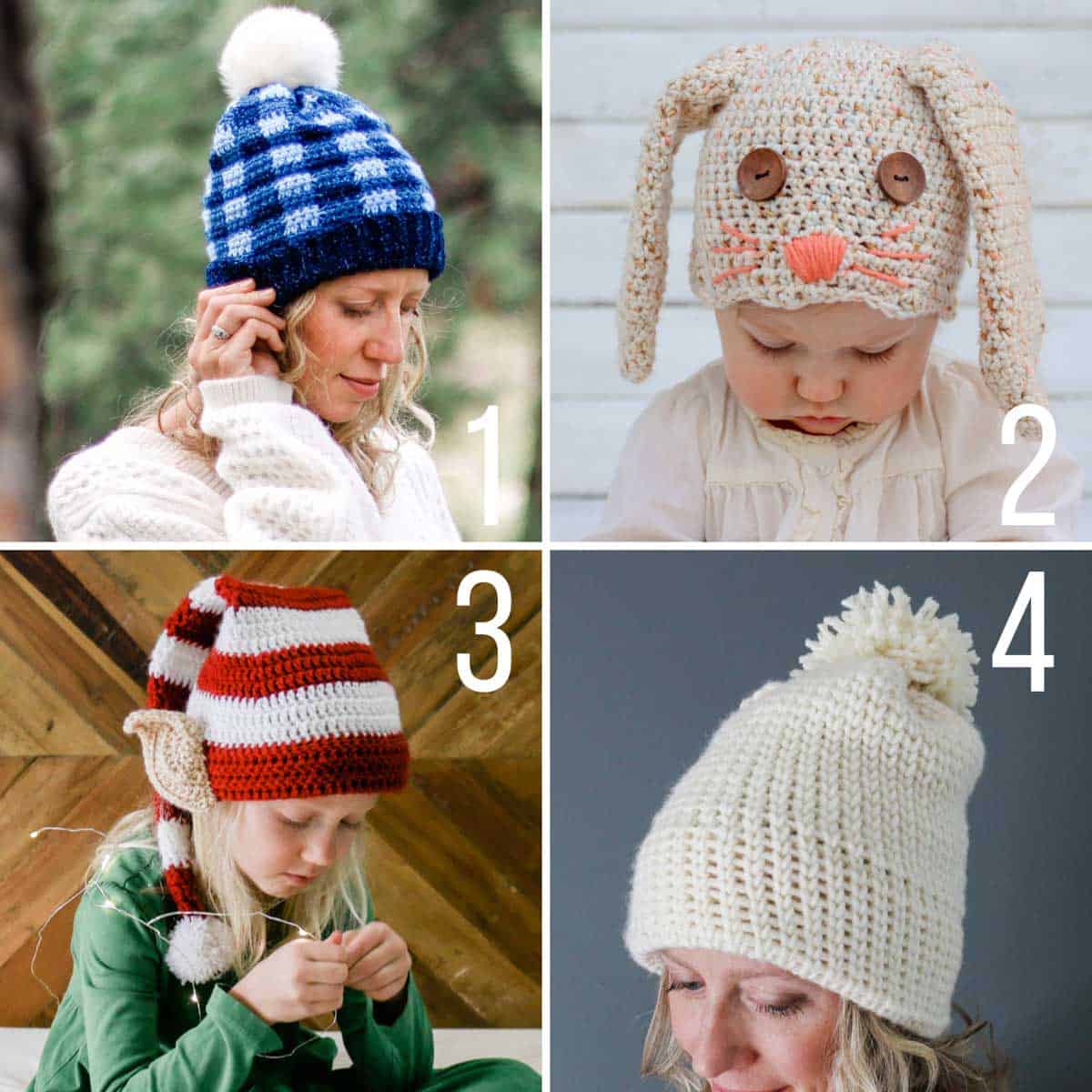 Free crochet hat patterns, including a plaid crochet beanie, a floppy-eared bunny hat, a Santa's helper Elf hat, and a knit-look crochet beanie. 