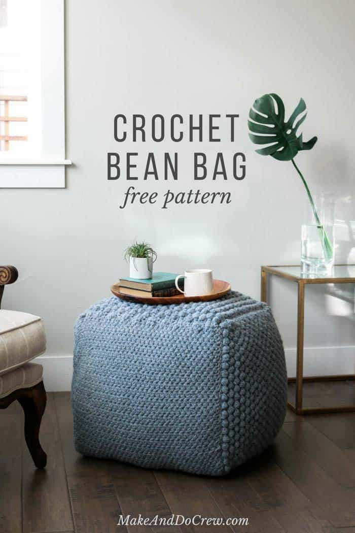 Great use for old pillows! This free crochet pouf pattern uses economical yarn to make a chunky crochet pouf that works as a side table, ottoman or bean bag chair. So much texture!