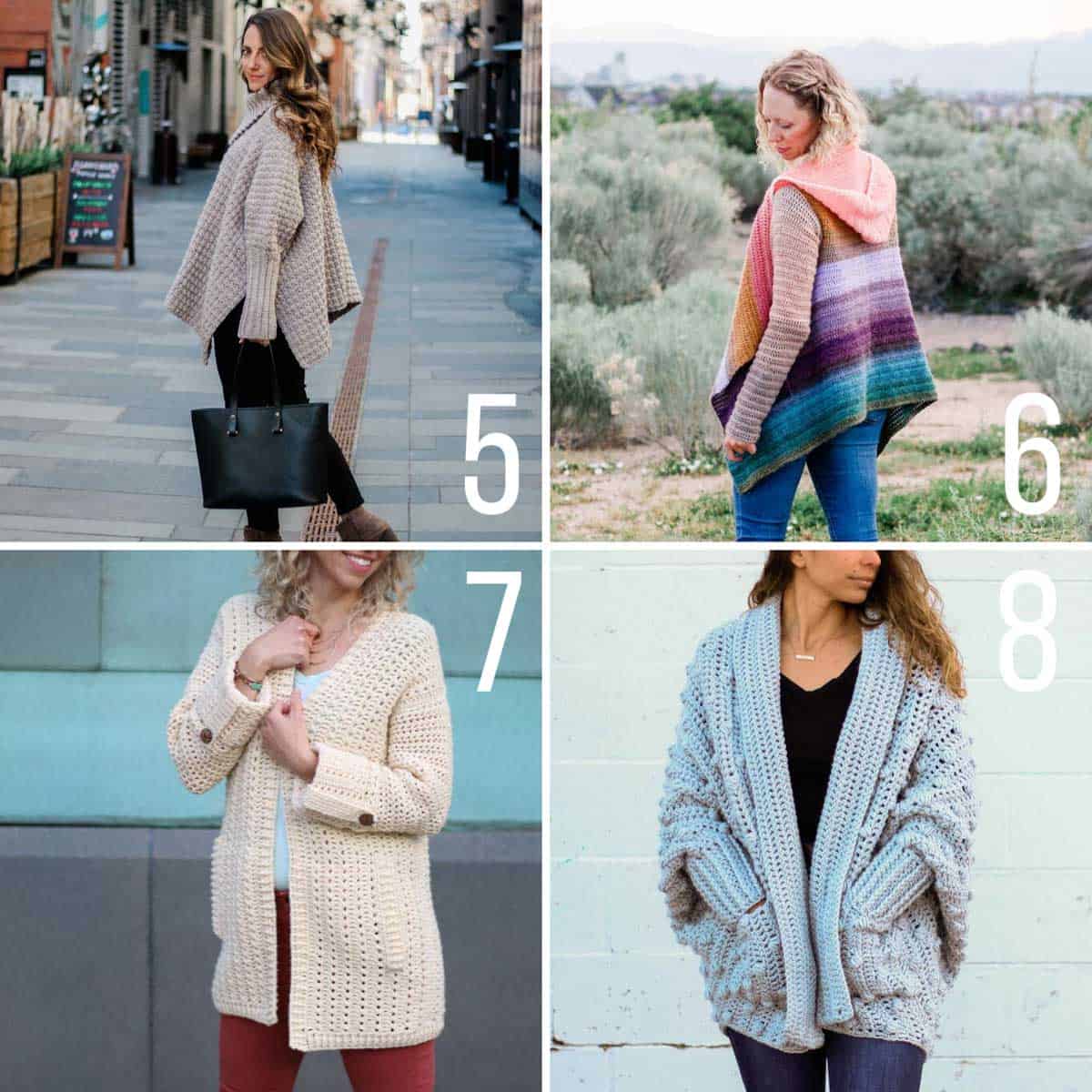 Four modern free crochet sweater patterns that include plus sizes.