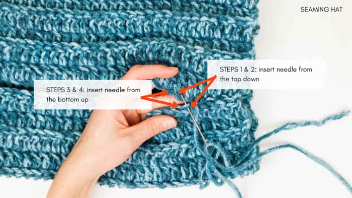 An overhead shot showing how to seam the rectangle by inserting the needle from the top to down and vice-versa. 