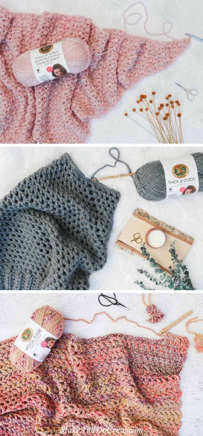 Three free crochet patterns featuring Lion Brand Touch of Alpaca Bonus Bundle in "Blush," Thick & Quick in "Grey Oxford" and Wool-Ease Thick & Quick in "Spice Market."